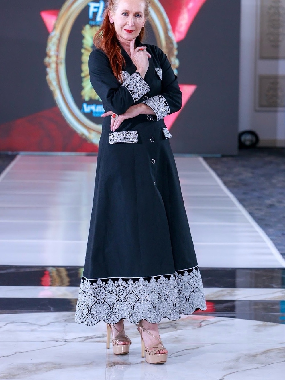 Elegant Black long jacket with White embroidery